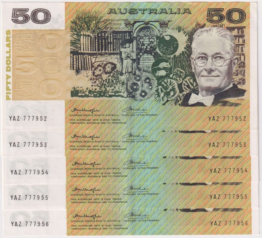 1976 $50 Note Consecutive Run of 5 Gothic Centre Knight/Wheeler R506A good EF product image