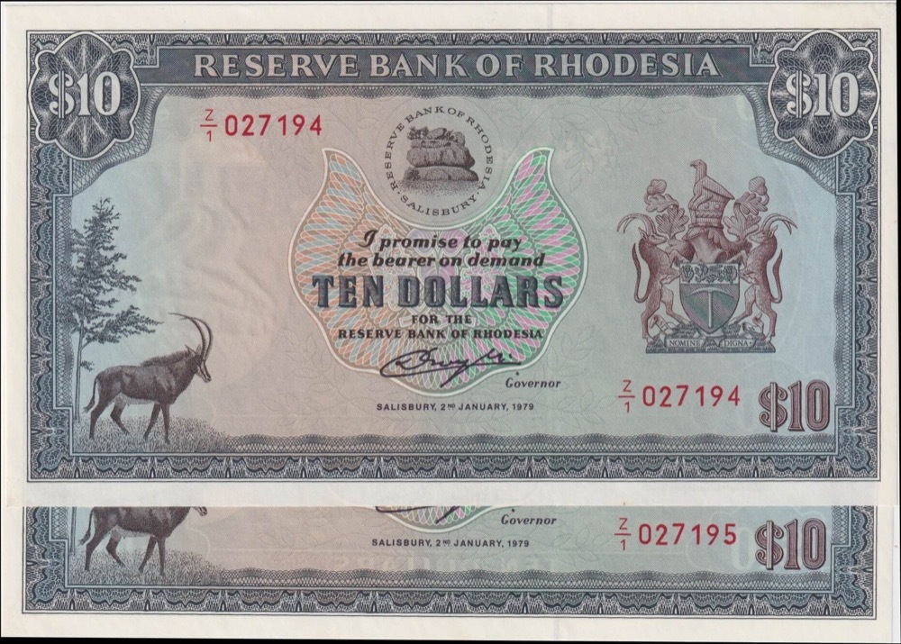 Rhodesia 1979 10 Dollar Replacement Note Pair P#41 Uncirculated product image