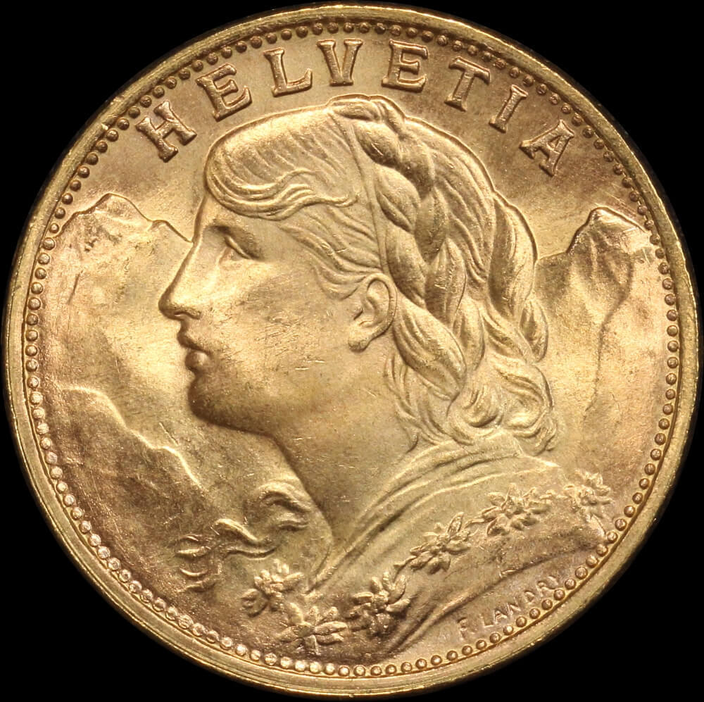 Switzerland 1949-B Gold 20 Francs KM#35.2 Uncirculated product image