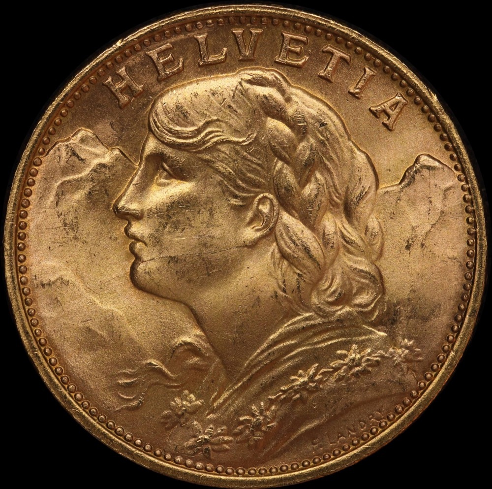 Switzerland 1949-B Gold 20 Francs KM#35.2 Uncirculated product image
