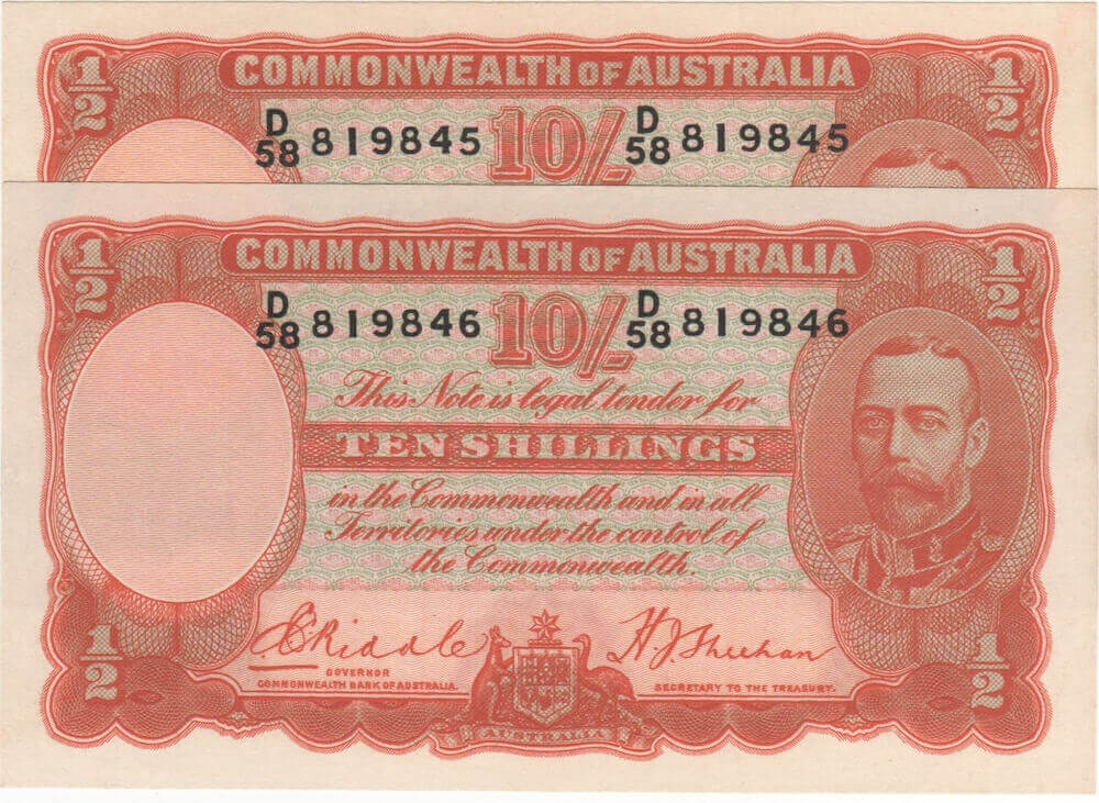 1936 Ten Shilling Consecutive Pair Riddle/Sheehan R11 about Unc product image