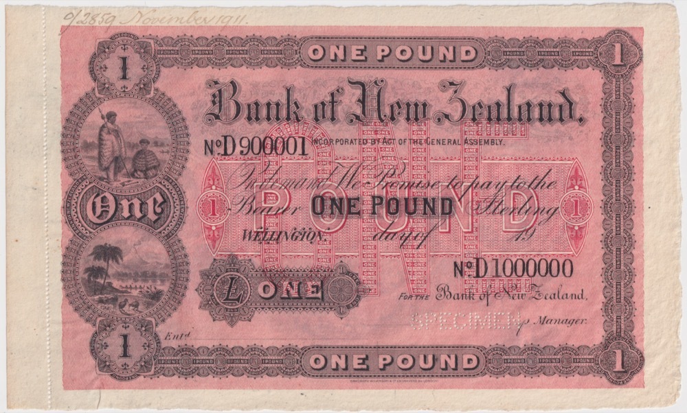 Bank of New Zealand 1911 Unissued 1 Pound Specimen Note Uncirculated product image