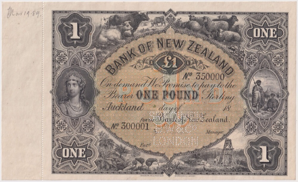 Bank of New Zealand 1889 One Pound Unissued Specimen Note Uncirculated product image