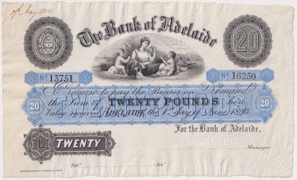Bank of Adelaide 20 Pounds Unissued Specimen Note MVR# 2a Uncirculated product image