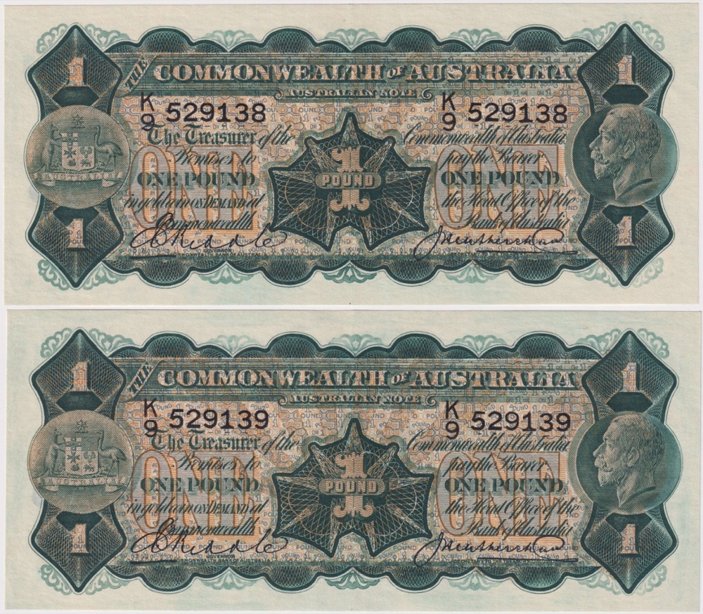 1927 One Pound Consecutive Pair Riddle/Heathershaw R26 about Unc product image