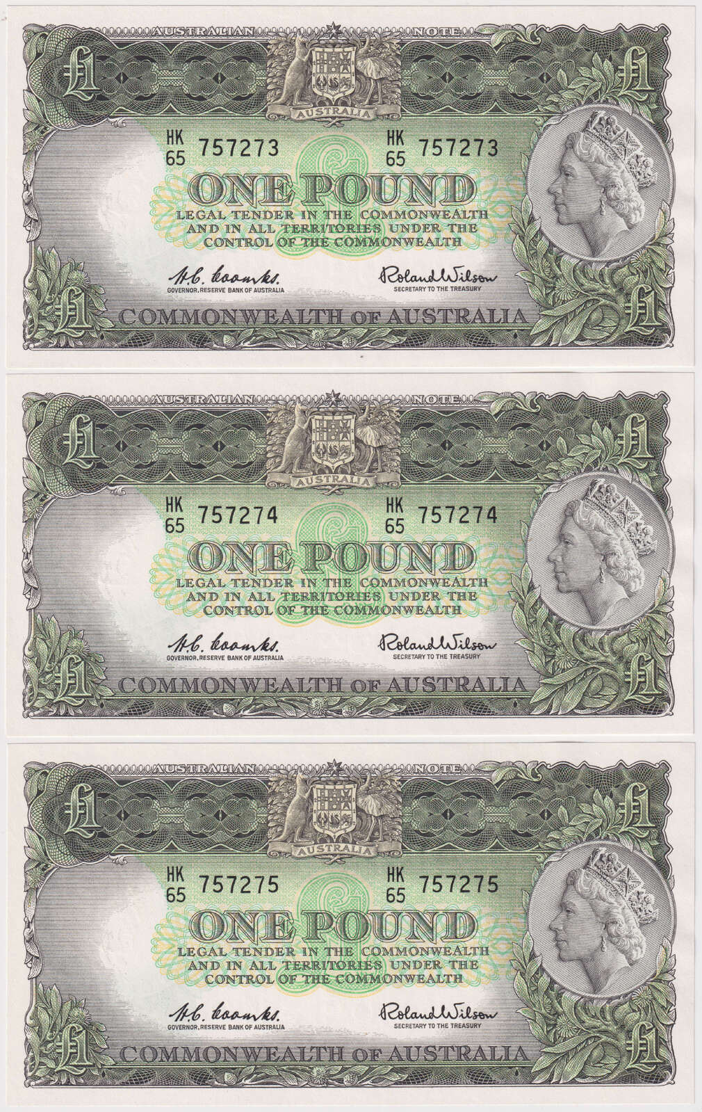 1961 One Pound Consecutive Trio Last Prefix HK/65 Coombs/Wilson R34bL Uncirculated product image