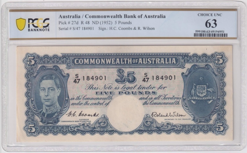 1952 Five Pound Coombs/Wilson R48 PCGS Choice Unc 63 product image