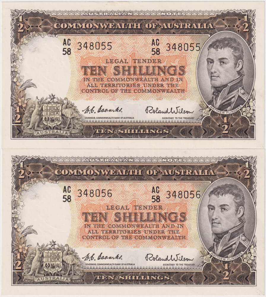 1954 Ten Shilling Consecutive Pair Coombs/Wilson R16 good EF product image
