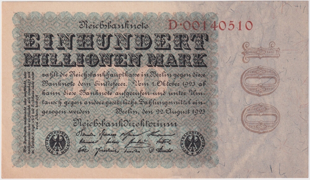 Germany (Weimar Republic) 1923 100 Million Mark Banknote Pick#107 Uncirculated product image