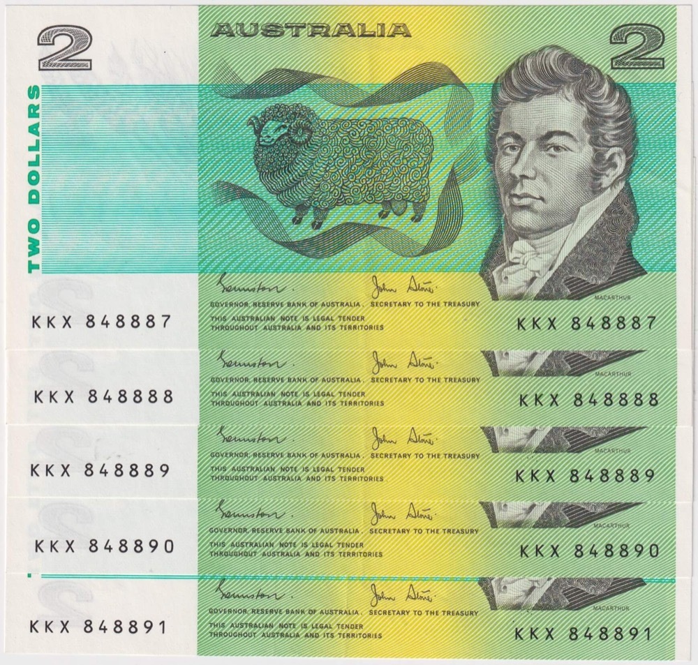 1985 $2 Note Johnston/Stone R89 Consecutive Run of 5 good EF product image