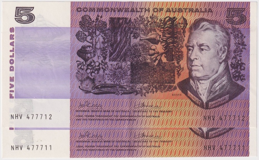 1972 $5 Note Commonwealth of Australia Phillips/Wheeler R204 Consecutive Pair good EF product image