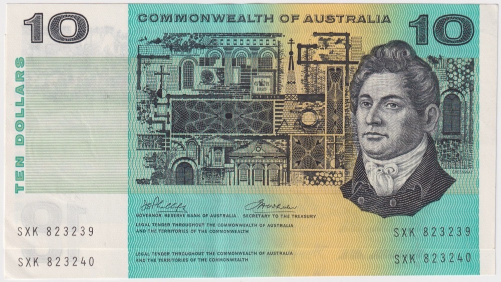 1972 $10 Note Consecutive Pair Commonwealth of Australia Phillips/Wheeler R304 good EF product image