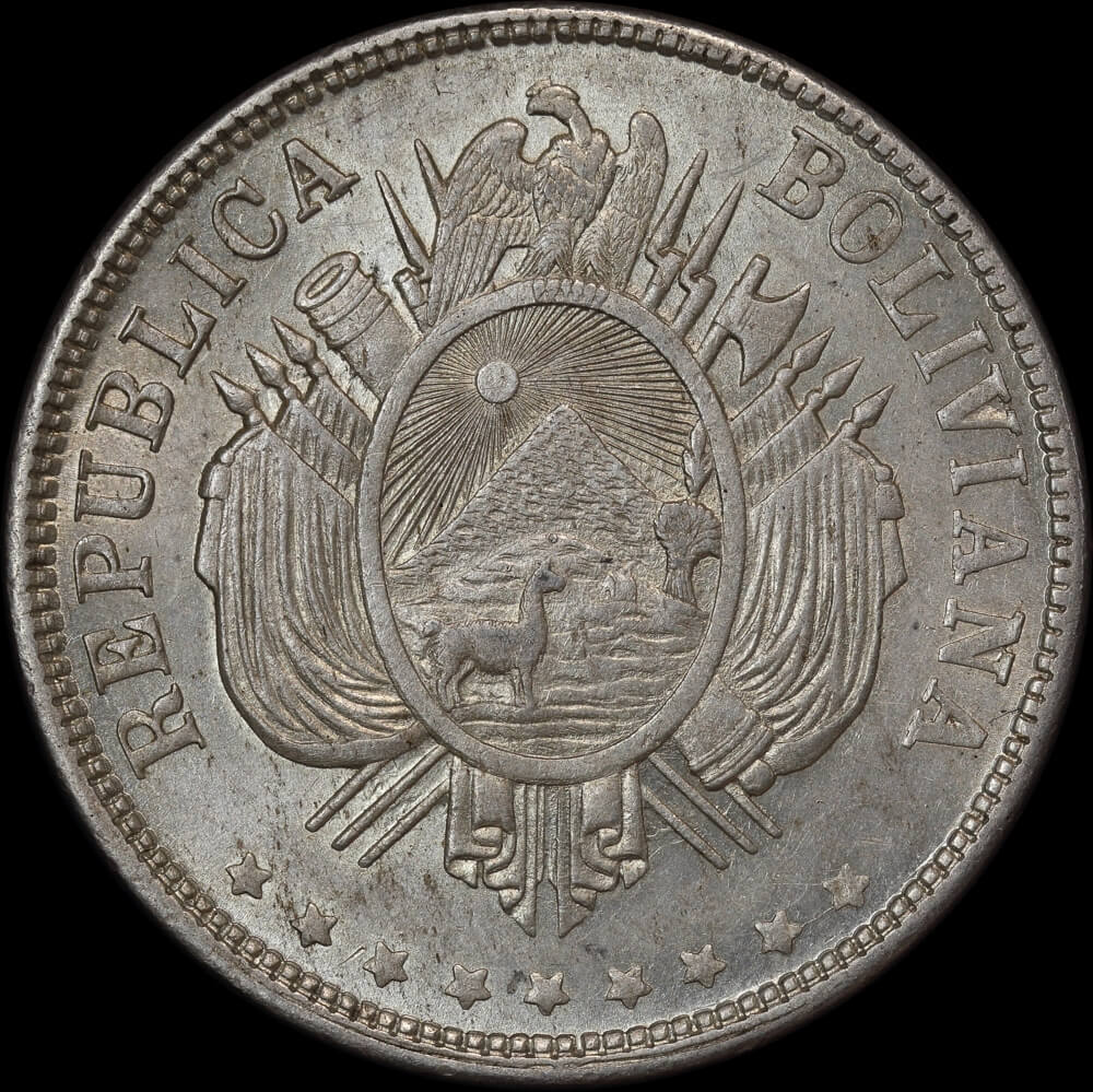 Bolivia 1872 Silver Boliviano KM# 160.1 good EF product image