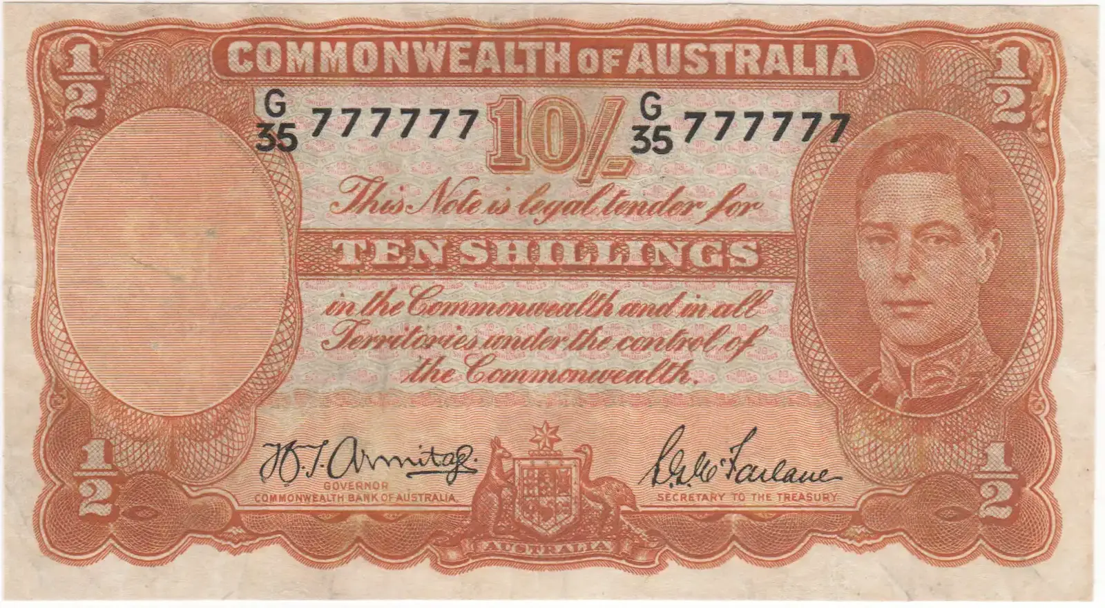 1942 Ten Shilling Armitage/McFarlane Solid Serials R13 about VF product image