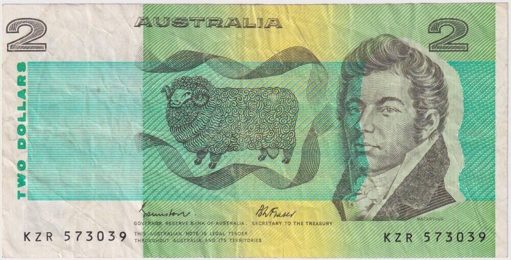 1985 $2 Note Johnston/Fraser 6mm Registration Shift Error R89 good VF