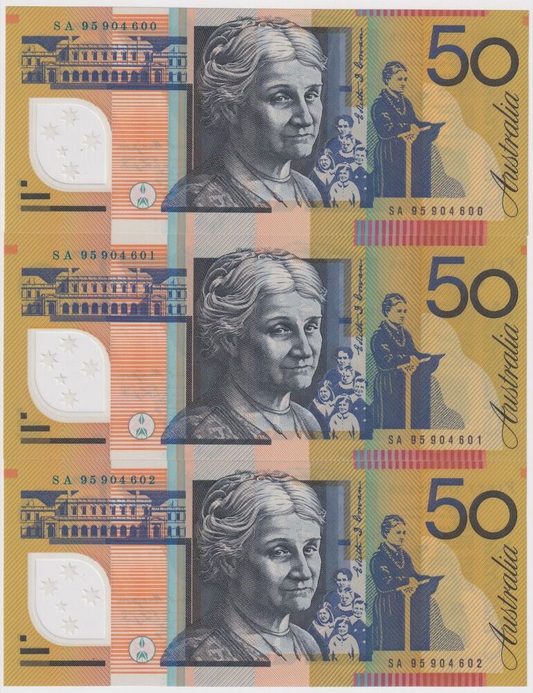1995 $50 Consecutive Trio of Notes Fraser/Evans R516a Ink Smudge Error Uncirculated product image