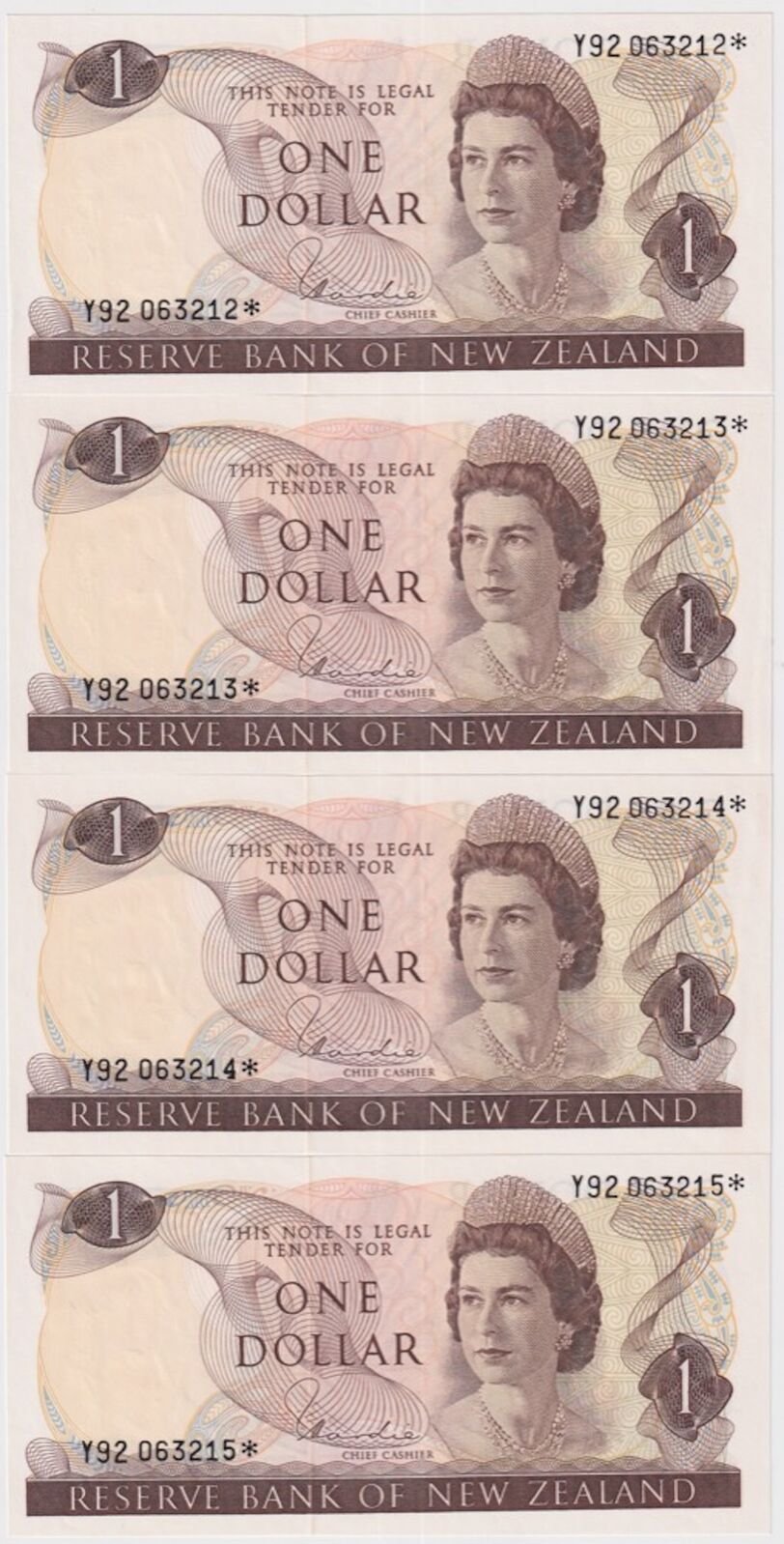 New Zealand 1977 $1 Star Note Consecutive Run of 4 Pick#163d Uncirculated product image