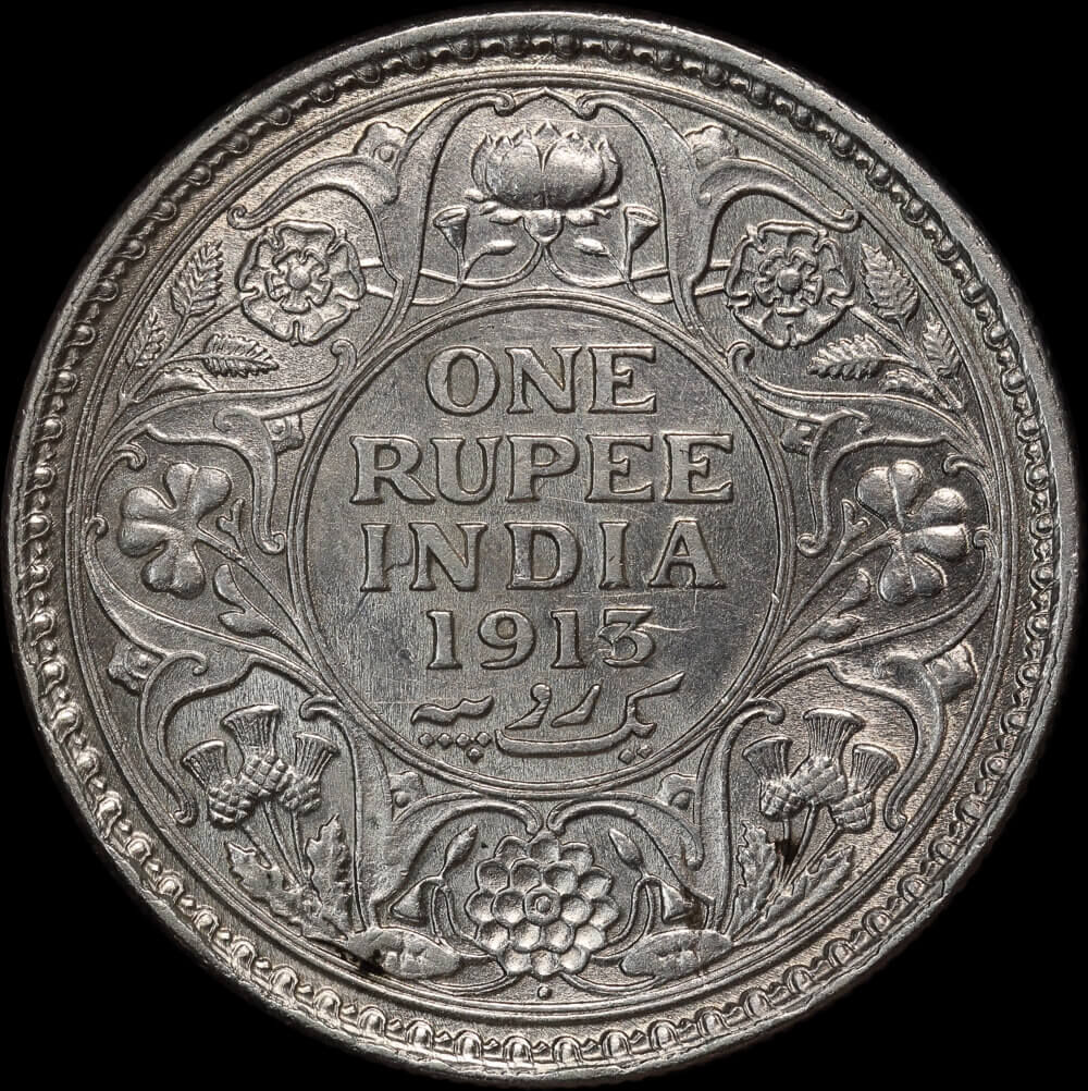 India (British) 1913 Silver 1 Rupee KM#524 good EF product image