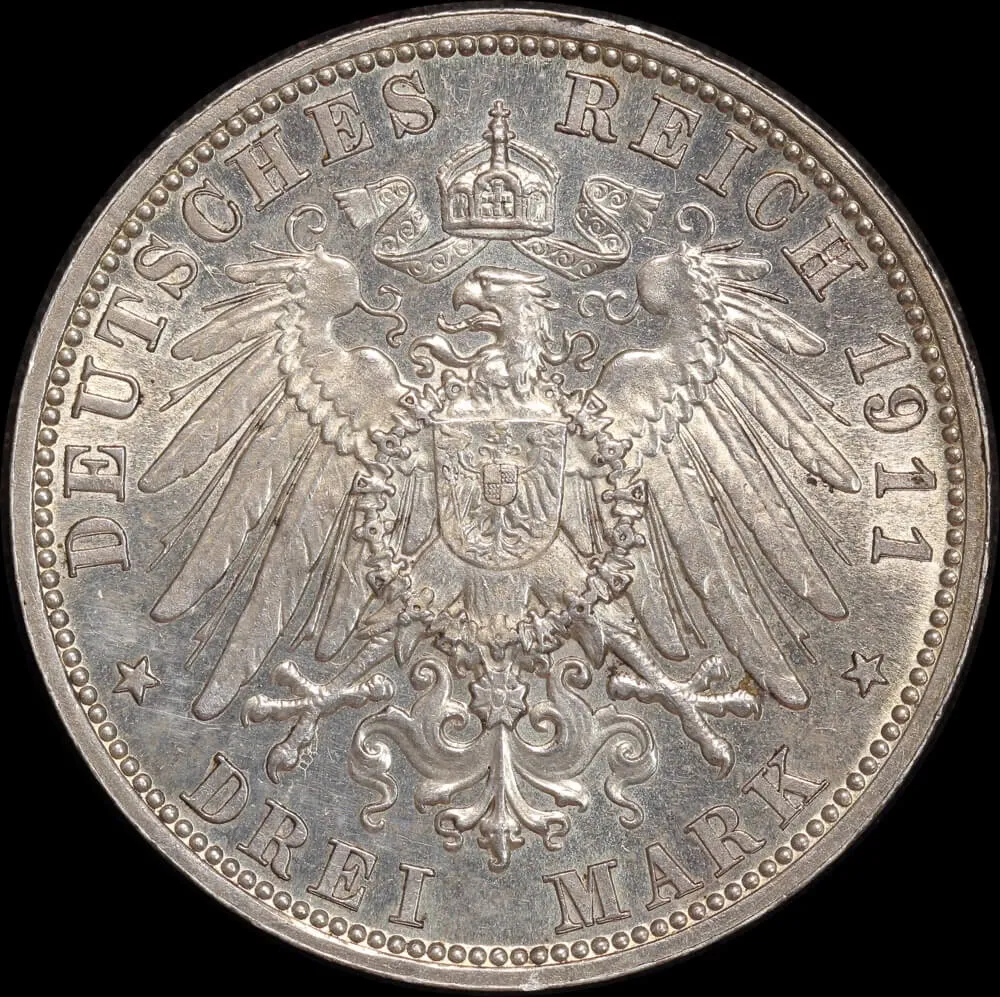 German States (Bavaria) 1911 Silver 3 Mark KM# 998 good EF product image