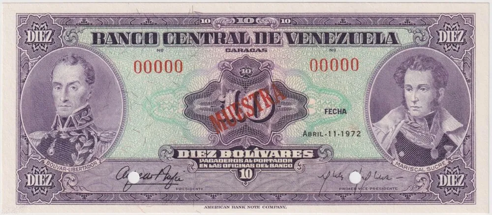 Venezuela 11.4.1972 Specimen 10 Bolivares P# 61s1 Uncirculated product image