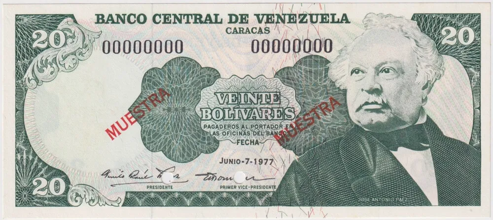 Venezuela 7.6.1977 Specimen 20 Bolivares P# 53s2 Uncirculated product image