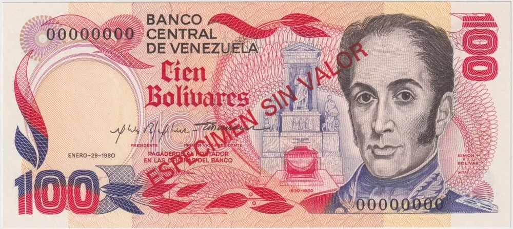 Venezuela 29.1.1980 Specimen 100 Bolivares P# 59s Uncirculated product image