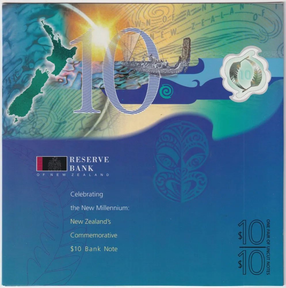 New Zealand 2000 10 Dollar Uncut Vertical Pair P# 190a Uncirculated product image