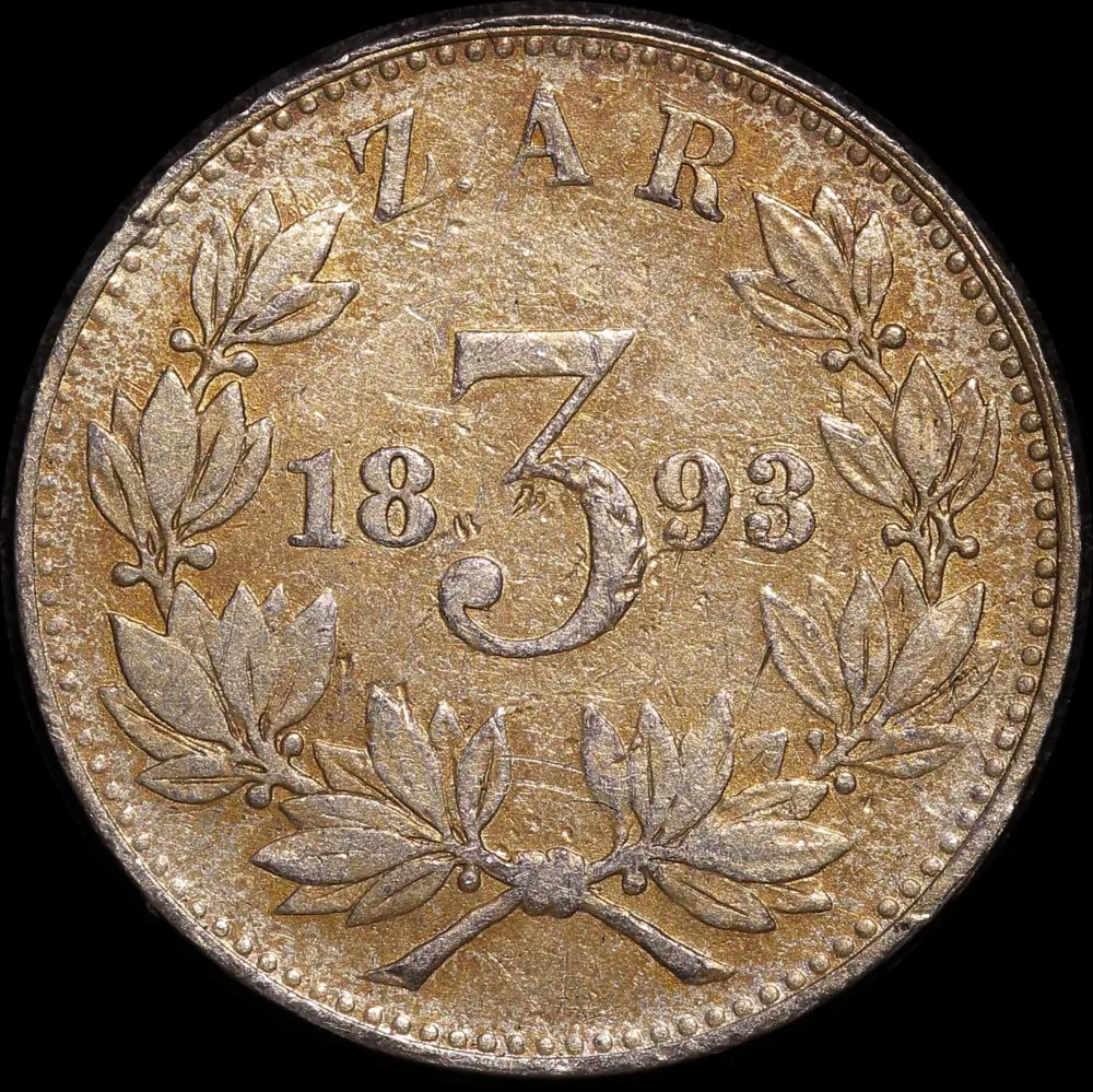 South Africa 1893 Silver  3 Pence KM# 3 about EF product image