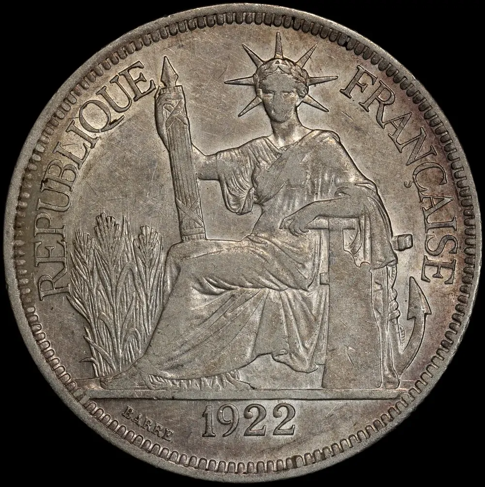 French Indo China 1922 Silver Piastre KM#5a.2 good EF product image