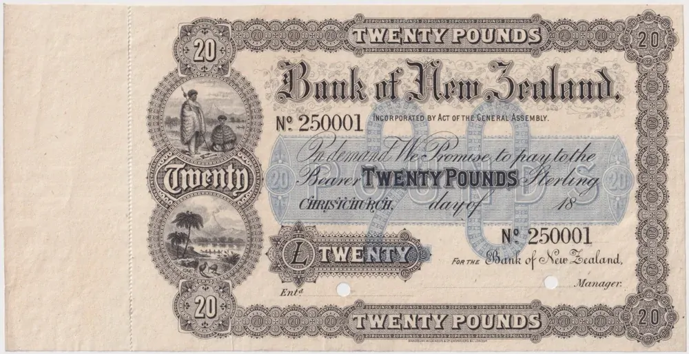 Bank of New Zealand (Christchurch) 20 Pounds Unissued Specimen Note P# S194  product image