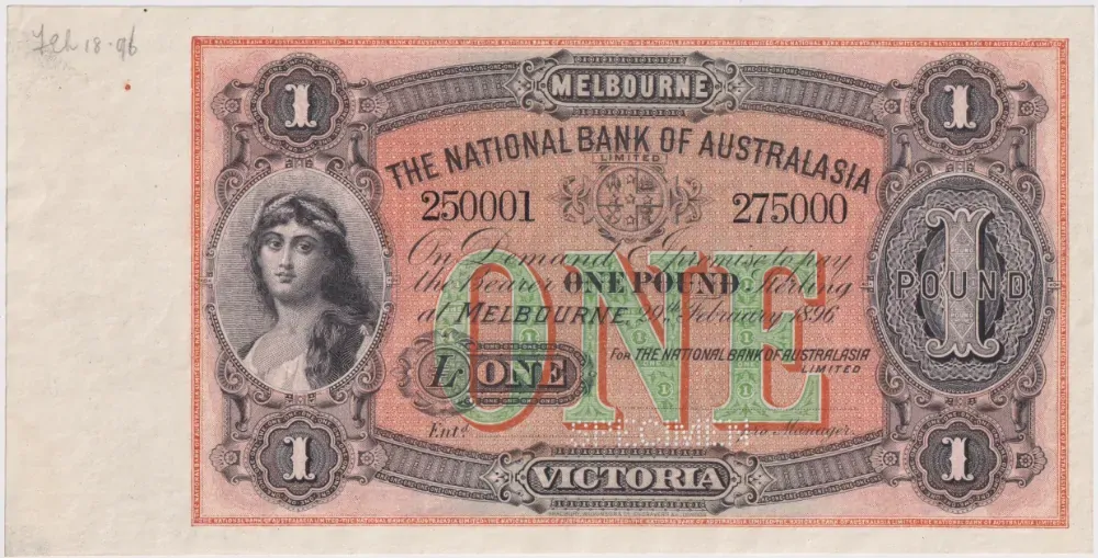 National Bank of Australasia (Melbourne) 1896 1 Pound Unissued Specimen Note MVR# 4m good EF product image