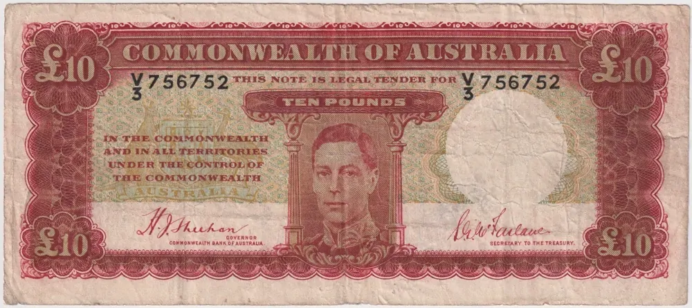 1940 Ten Pound Sheehan/McFarlane V/3 1st Prefix R58f Very Good product image