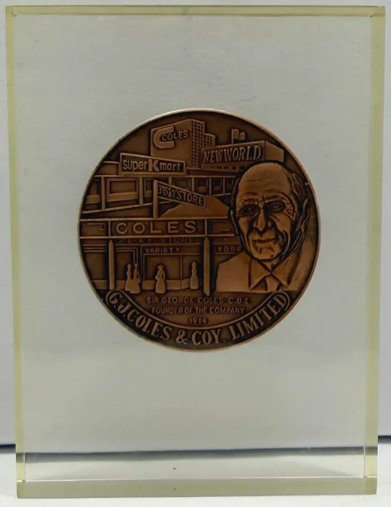 1984 G.J. Coles Copper Medallion Sealed in Perspex product image
