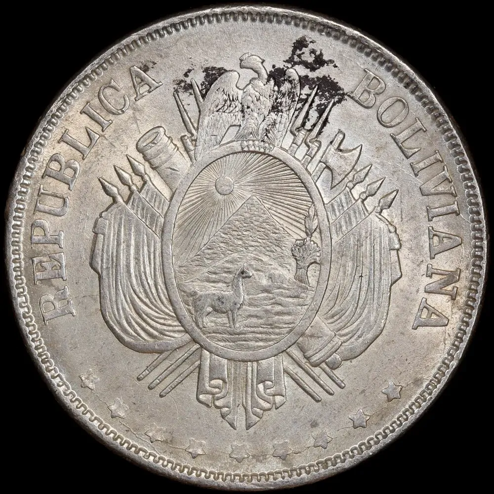 Bolivia 1874 Silver Boliviano KM# 160.1 about Unc product image