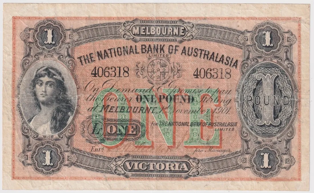 National Bank of Australasia (Melbourne) 1896 Issued 1 Pound Note MVR# 4m good Fine product image