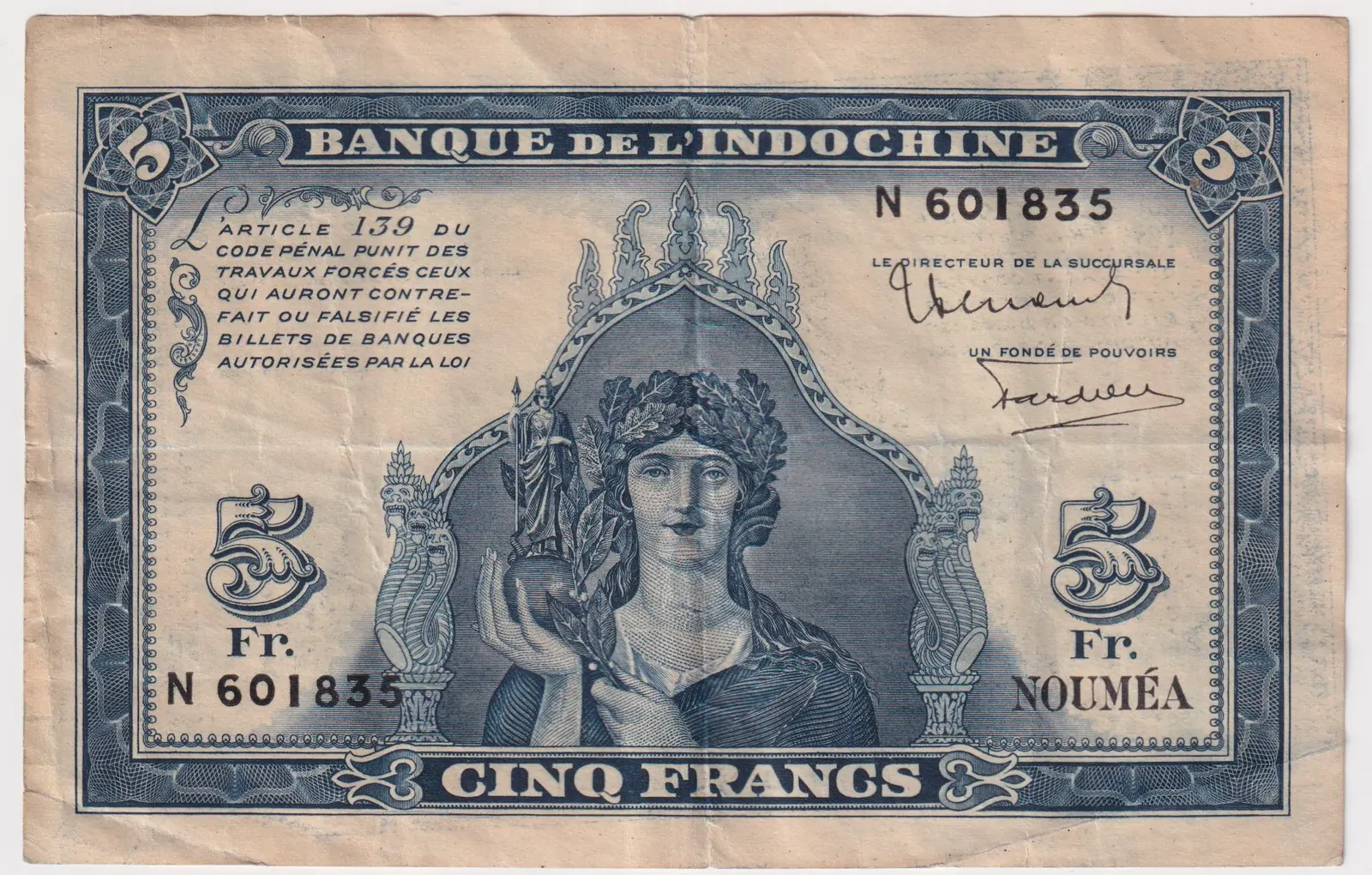 New Caledonia 1944 5 Francs P# 48 about VF product image
