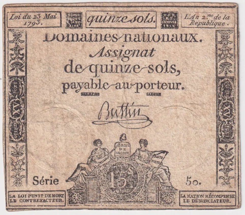 France 23.5.1793 15 Sols Assignat P# A.68 Very Fine product image