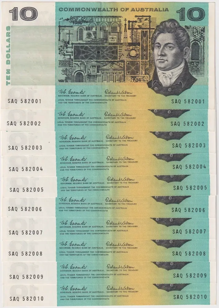 1966 $10 Note Consecutive Run of 10 Coombs/Wilson R301 about Uncirculated product image