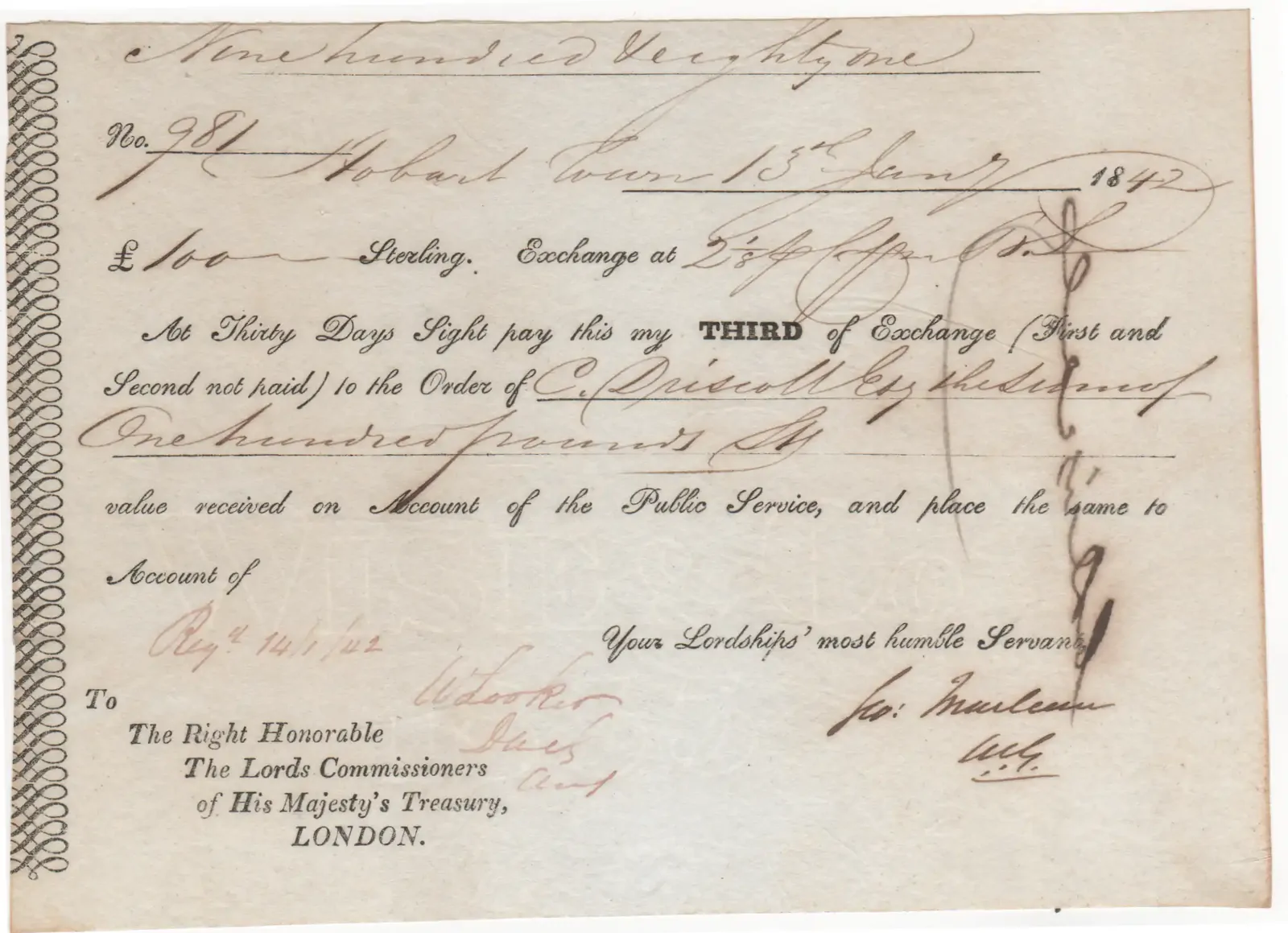 Van Diemen's Land Commissariat Office Bill (Third) of Exchange 1842 product image