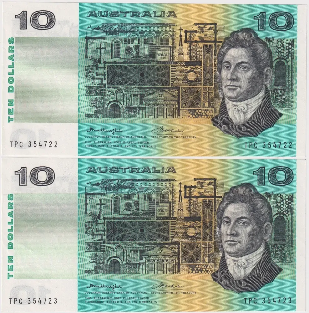 1976 $10 Note Consecutive Pair Gothic Serials Side Thread Knight/Wheeler R306B good EF product image
