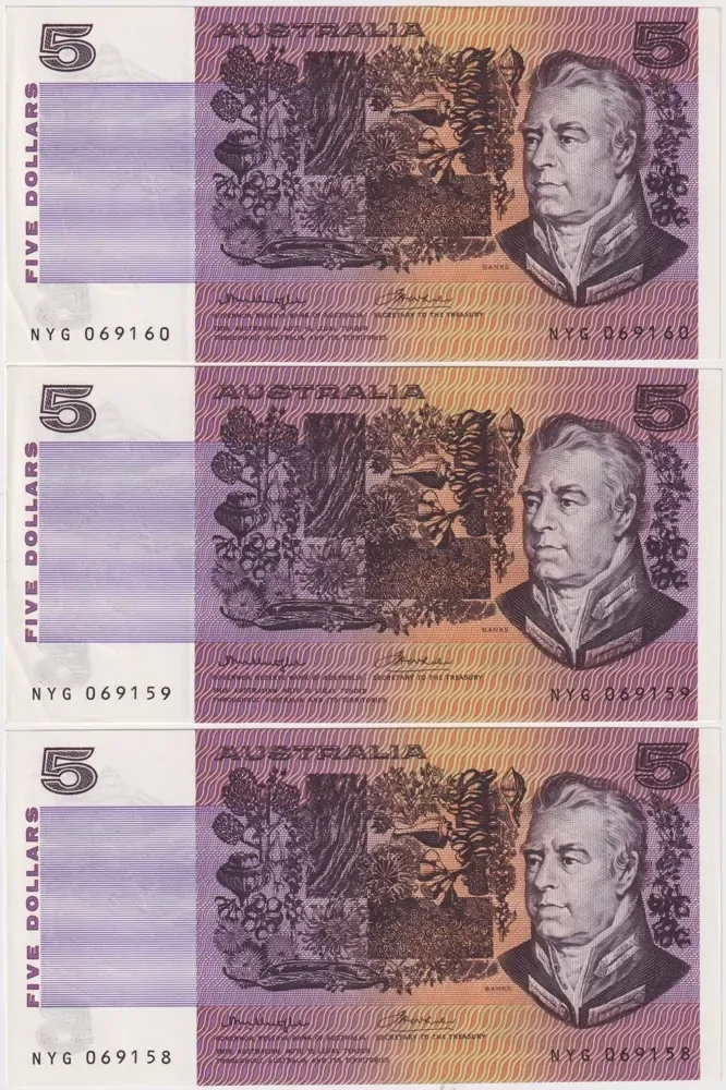 1976 $5 Note Consecutive Trio OCR-B Serials Side Thread Knight/Wheeler R206cL good EF product image