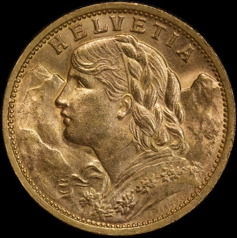 Switzerland 1909-B Gold 20 Francs Vrenli KM#35.1 Uncirculated product image