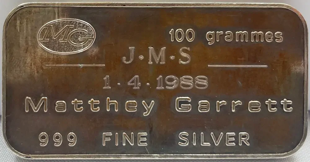 Vintage 100g Silver Ingot Johnson Matthey 99.9% With Date product image