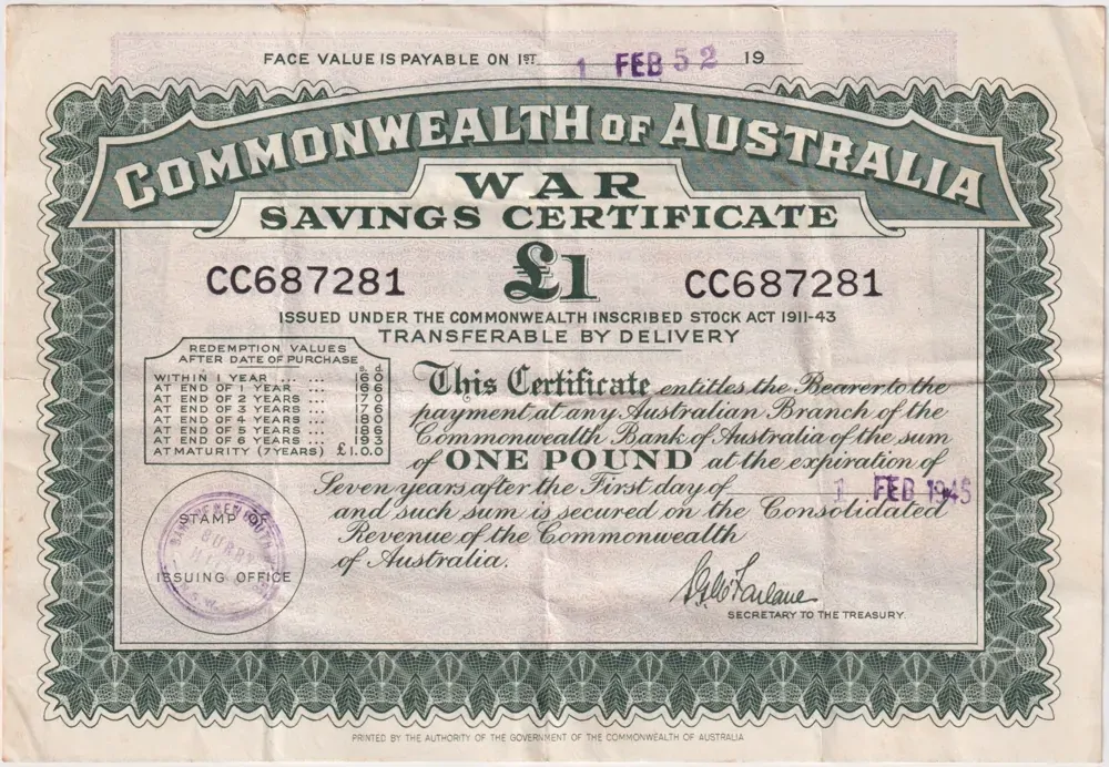 Australia 1945 1 Pound War Savings Certificate Surry Hills Very Fine  product image