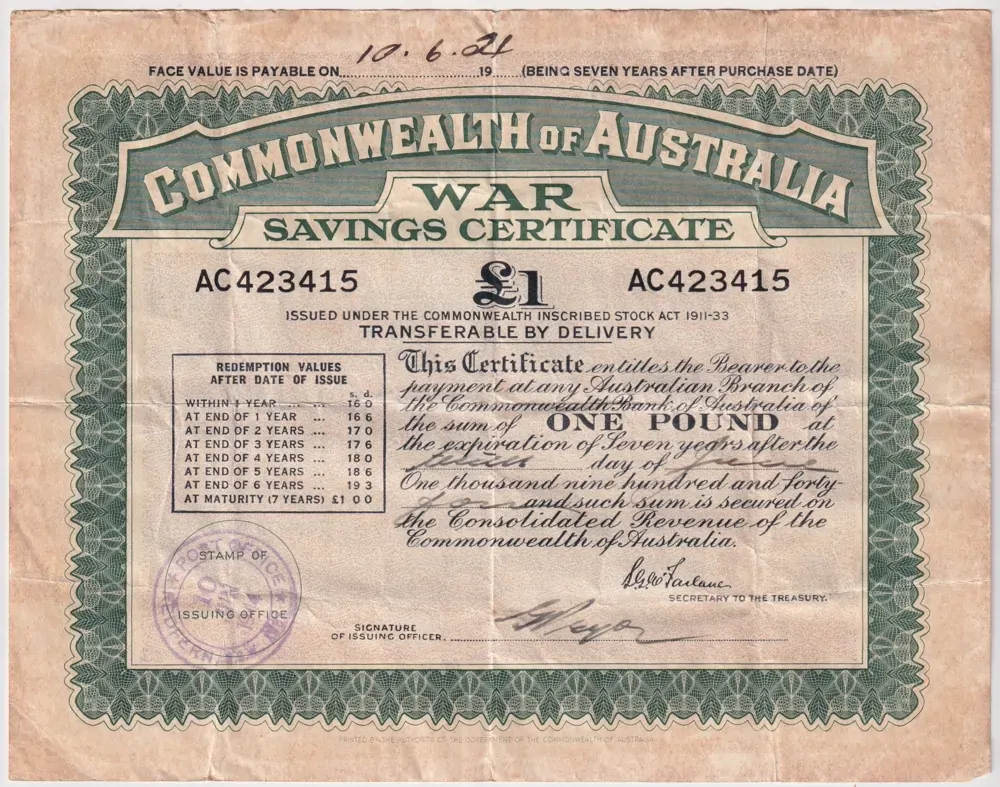 Australia 1944 1 Pound War Savings Certificate Redfern Fine product image