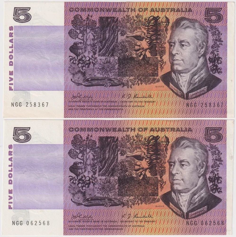 1969 $5 Note Consecutive Pair Phillips/Randall R203 Extremely Fine product image