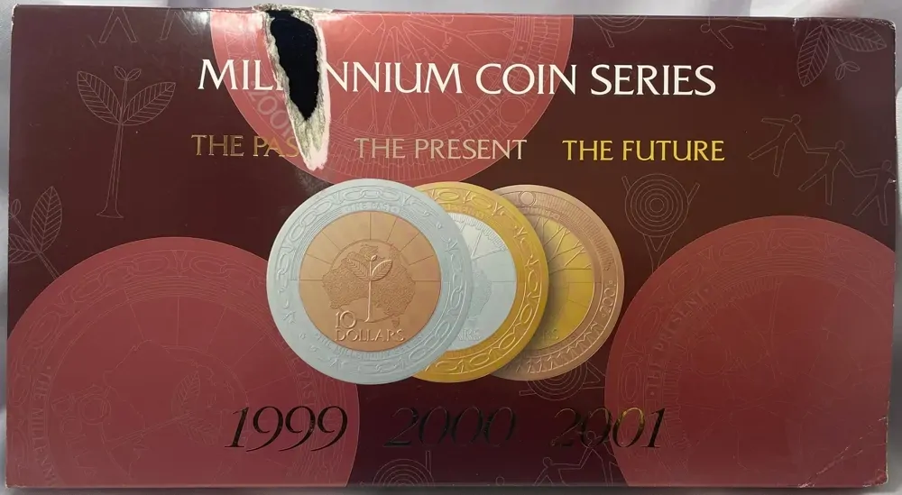 1999 - 2001 10 Dollar Proof Coin Trio Past Present Future Millennium - Damaged Packaging product image