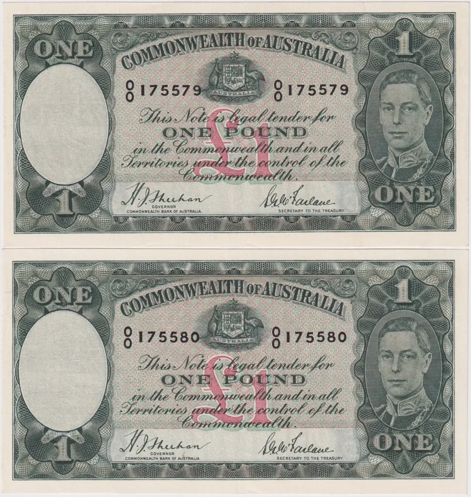 1938 One Pound Consecutive Pair Sheehan/McFarlane R29 Extremely Fine product image