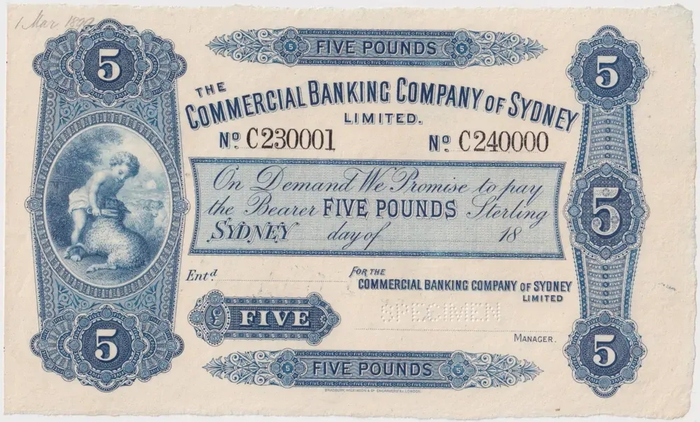 Commercial Banking Company of Sydney 18-- 5 Pound Unissued Specimen Note MVR# 4a Uncirculated product image