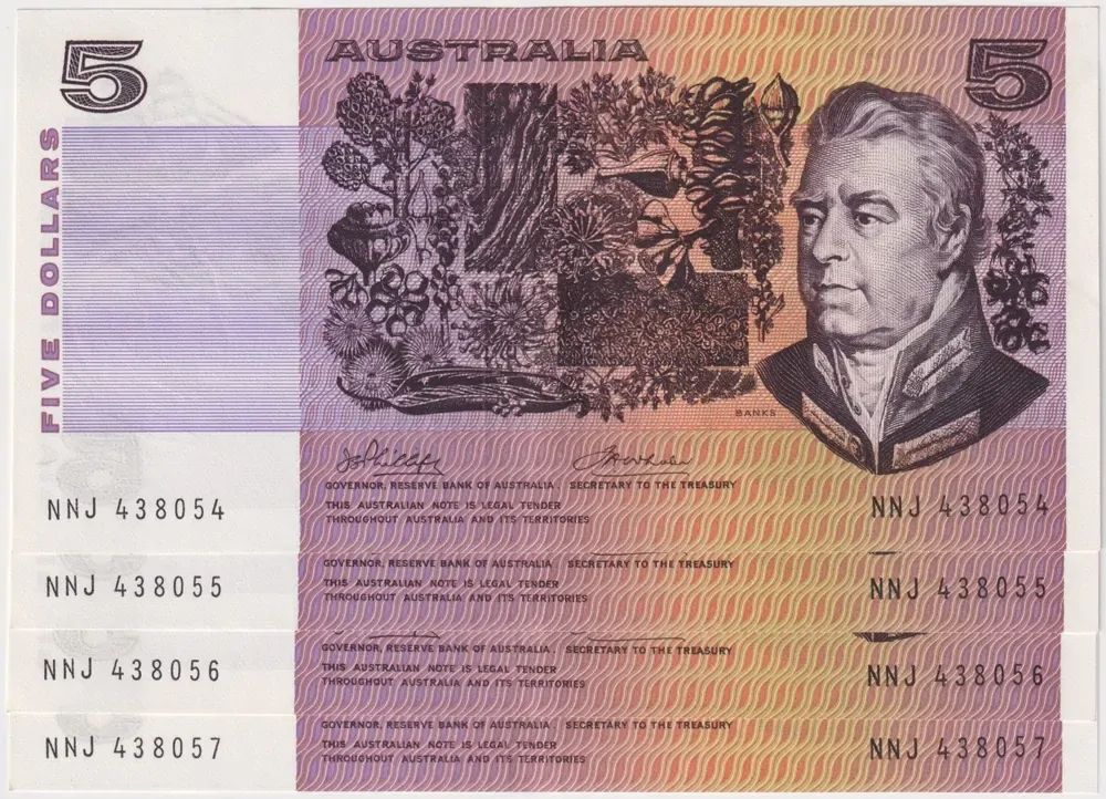1974 $5 Note Australia Consecutive Run of 4 Phillips/Wheeler R205 good EF product image